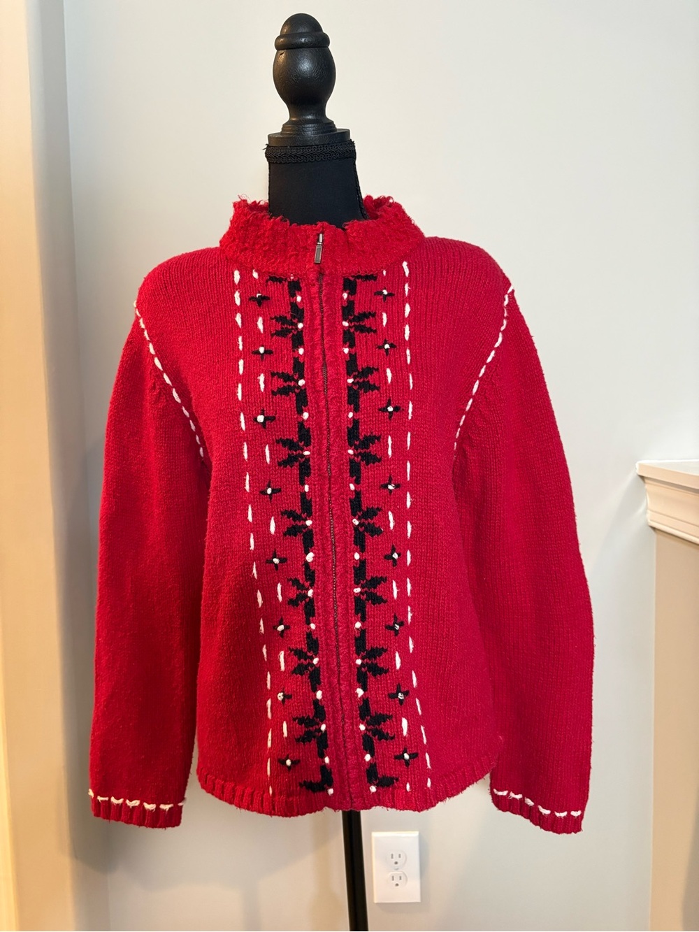 Vintage 90s Christopher & Banks Embroidered Zip Cardigan Sweater Silk Blend L